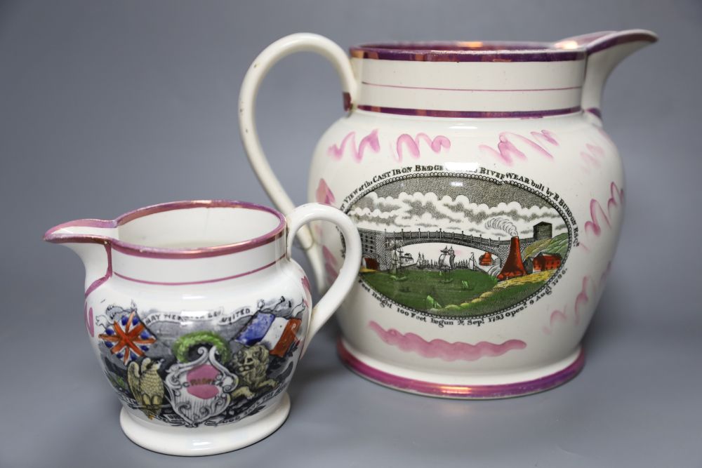 Three Sunderland pink lustre Pearlware jugs and a Sunderland Bridge creamware mug, tallest 19cm